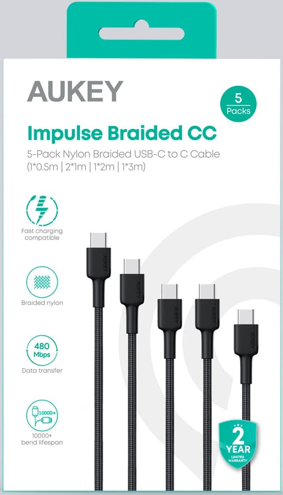 USB-C-to-C Cable 5 Pack,1x 2m,3x1m,1x0.5m USB Kabel AUKEY 798800102085 Bild Nr. 1