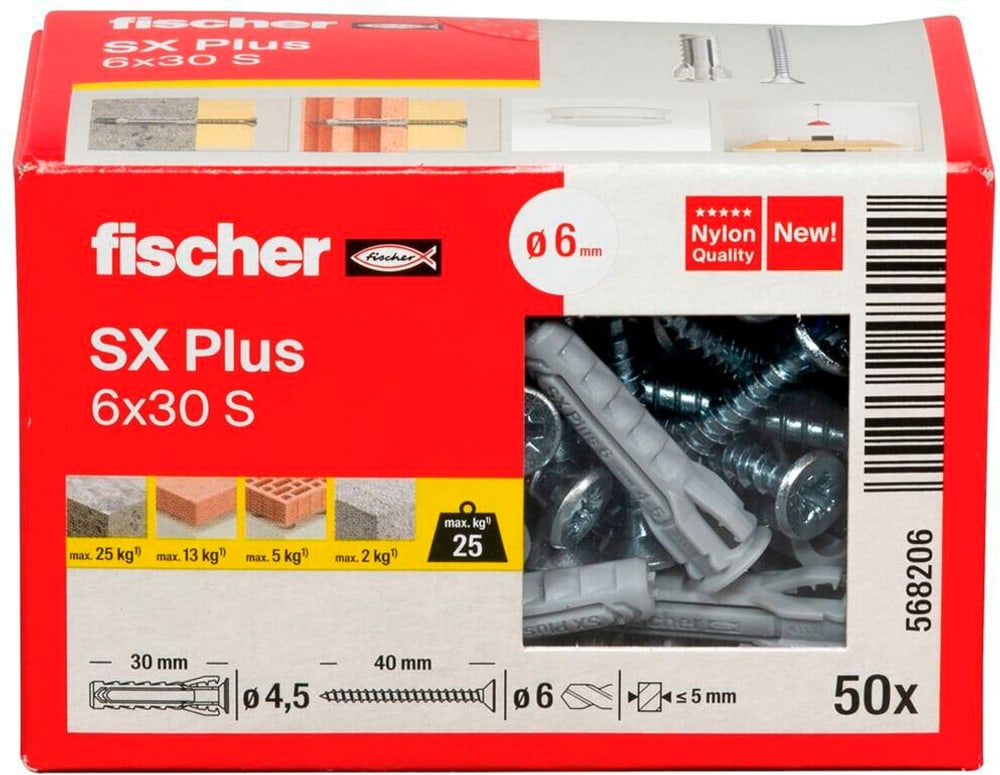 Tampon nylon SX Plus 6 x 30 avec vis Cheville à expansion fischer 605432200000 Photo no. 1