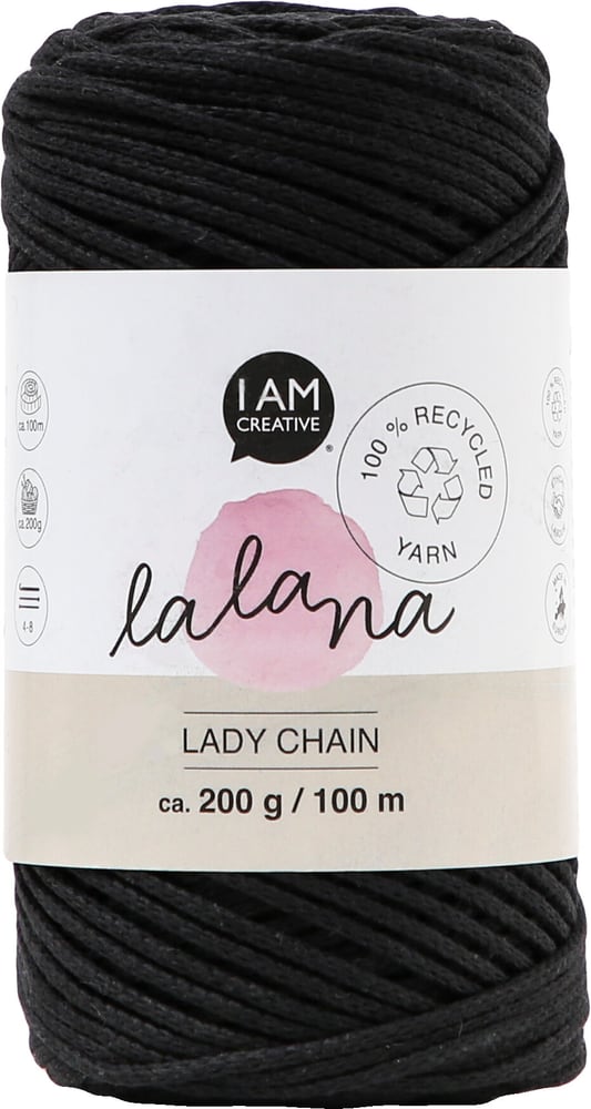 Lady Chain black, fil de chaîne Lalana pour le crochet, le tricot, le nouage &amp; Projets de macramé, noir, env. 2 mm x 100 m, env. 200 g, 1 écheveau Laine 668361700000 Photo no. 1