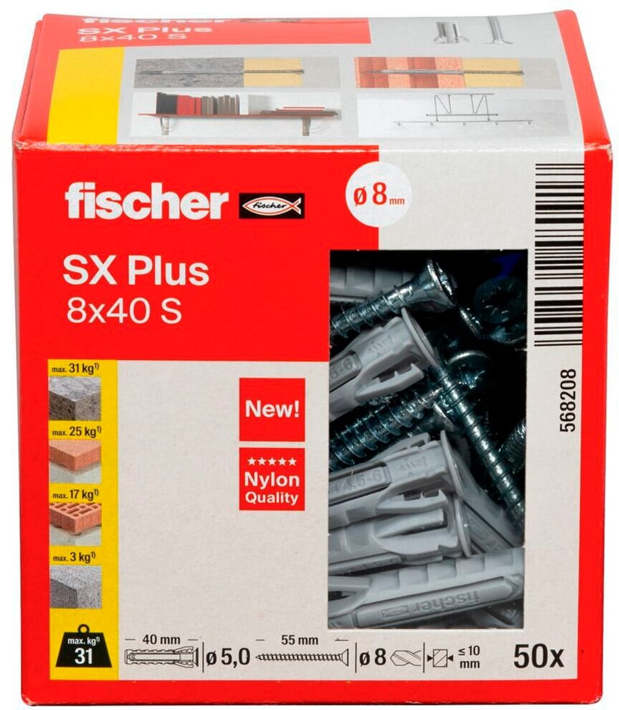 Tassello nylon SX Plus 8 x 40 con vite Tassello ad espansione fischer 605432300000 N. figura 1