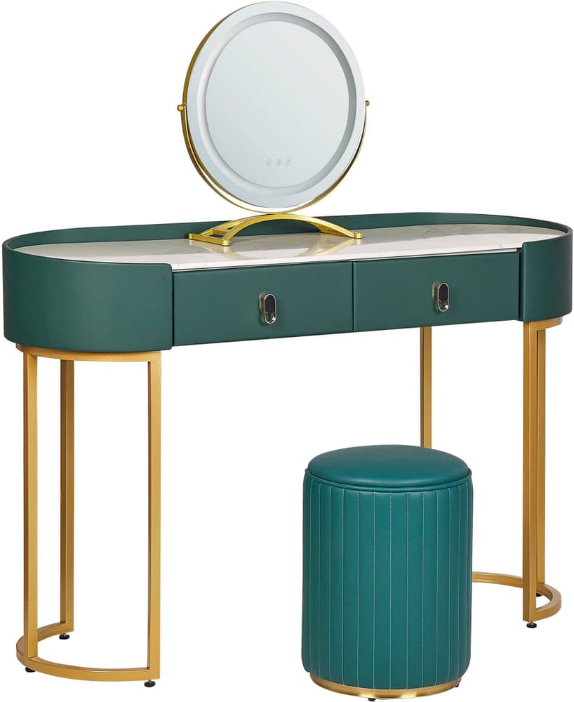 Coiffeuse vert foncé et doré avec miroir à LED et pouf VINAX Table de maquillage Beliani 676113400000 Photo no. 1