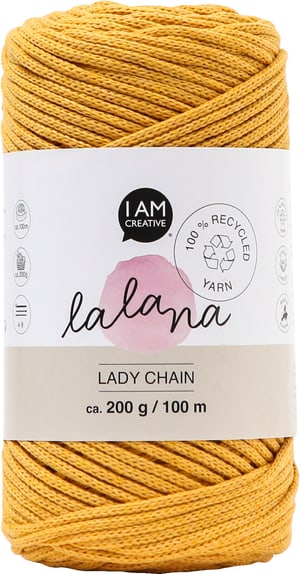 Lady Chain mustard, Lalana Kettengarn zum Häkeln, Stricken, Knüpfen & Makramee Projekte, Senfgelb, ca. 2 mm x 100 m, ca. 200 g, 1 Strang