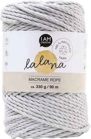 Macrame Rope light grey, Lalana Knüpfgarn für Makramee Projekte, zum Weben und Knüpfen, Hellgrau, 3 mm x ca. 90 m, ca. 330 g, 1 gebündelter Strang
