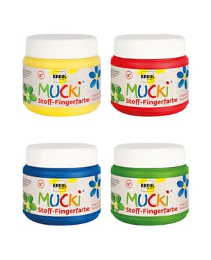 MUCKI Stoff-Fingerfarben 4er Set, Farben auf Wasserbasis für Kinder, Bunt, 4 x 150 ml