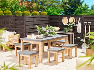 Set de jardin table et 6 tabourets gris en fibre-ciment et bois OSTUNI