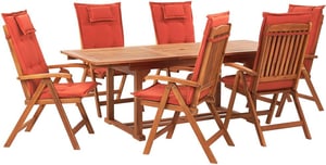 Set tavolo e 6 sedie in legno di acacia con cuscini terracotta JAVA