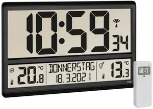 Horloge murale radio pilotée XL avec température extérieure et intérieure Noir