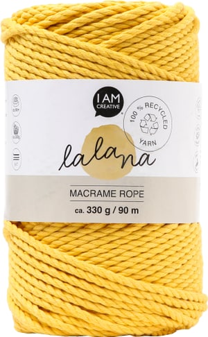 Macrame Rope mustard, fil à nouer Lalana pour les projets de macramé, pour le tissage et le nouage, jaune moutarde, 3 mm x env. 90 m, env. 330 g, 1 écheveau en botte