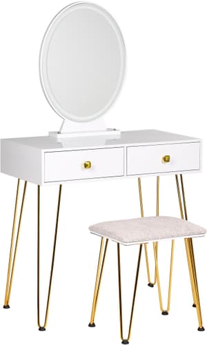 Coiffeuse blanc et doré avec miroir à LED et tabouret CAEN