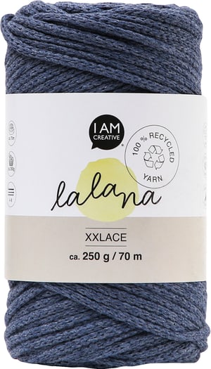 Xxlace jeans, Lalana Kettengarn zum Häkeln, Stricken, Knüpfen & Makramee, Blaugrau, ca. 3 mm x 70 m, ca. 200 g, 1 Strang