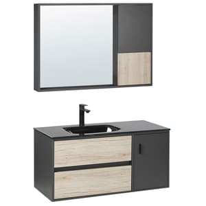 Mobile bagno con specchio legno chiaro e nero 100 cm TERUEL