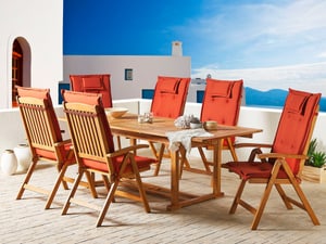 Set tavolo e 6 sedie in legno di acacia con cuscini terracotta JAVA