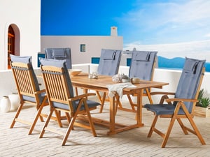 Gartenmöbel Set Akazienholz 6-Sitzer rechteckig Auflagen blau JAVA