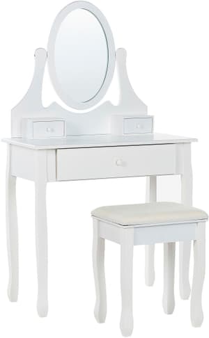 Coiffeuse à 3 tiroirs avec miroir ovale et tabouret blanc ASTRE
