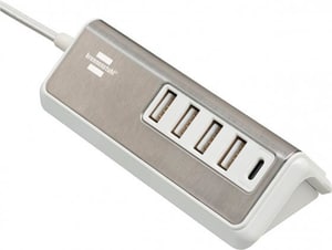 brennstuhl®estilo caricatore USB multiplo / stazione di ricarica USB con superficie in acciaio inossidabile di alta qualità (4 prese di ricarica USB-A e 1 presa di ricarica USB C Power Delivery, con cavo tessile da 1,5 m)