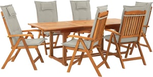Set tavolo e 6 sedie in legno di acacia con cuscini grigio beige JAVA