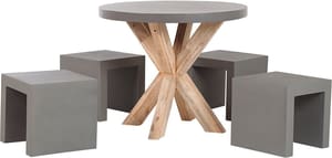 Set de jardin table ronde en fibre-ciment gris et bois et 4 tabourets OLBIA/TARANTO