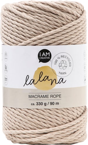 Macrame Rope beige, fil à nouer Lalana pour projets de macramé, pour tisser et nouer, beige, 3 mm x env. 90 m, env. 330 g, 1 écheveau groupé