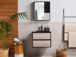 Meuble vasque avec miroir et cabinet 60 cm bois clair et noir TERUEL