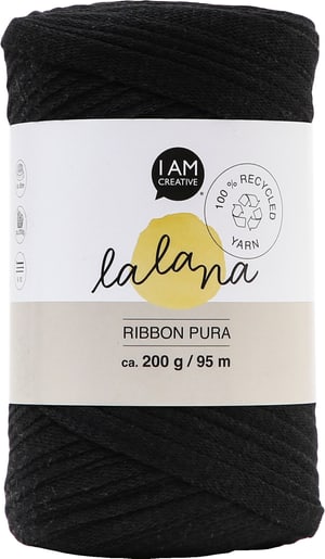 Ribbon Pura black, Lalana Bandgarn zum Häkeln, Stricken, Knüpfen & Makramee Projekte, Schwarz, ca. 8 x 1 mm x 95 m, ca. 200 g, 1 Strang