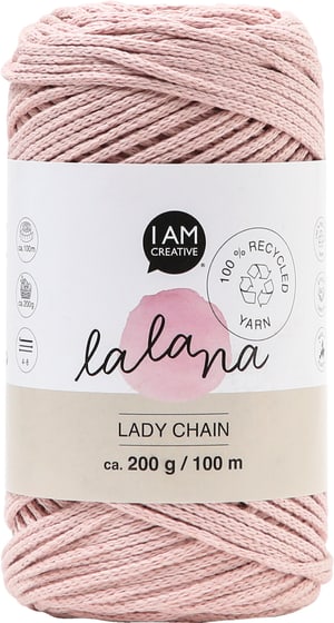 Lady Chain powder, Lalana Kettengarn zum Häkeln, Stricken, Knüpfen & Makramee Projekte, Rosa, ca. 2 mm x 100 m, ca. 200 g, 1 Strang