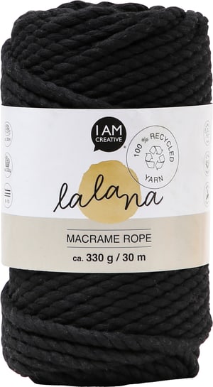Macrame Rope black, fil à nouer Lalana pour projets de macramé, pour tisser et nouer, noir, 5 mm x env. 30 m, env. 330 g, 1 écheveau en faisceau