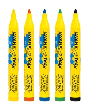 KREUL Javana texi mäx Sunny, Crayons à tissu medium pour tissus clairs avec une épaisseur de trait d’env. 2-4 mm, multicolore, set de 5 pièces