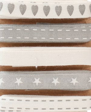 Rubans déco, rubans cadeaux avec différents motifs et imprimés, gris clair & écru, 15 mm x 2 m, 5 motifs assortis