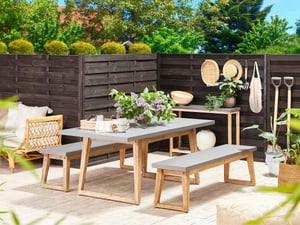 Set de jardin table avec deux bancs en fibre-ciment gris et bois clair ORIA
