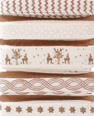 Rubans déco Noël, rubans coton avec imprimés Noël, beige & marron, 15 mm x 2 m, 5 motifs assortis