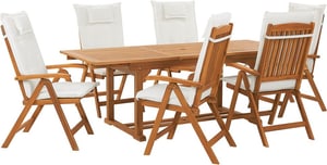 Gartenmöbel Set Akazienholz 6-Sitzer rechteckig Auflagen cremeweiss JAVA