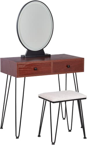 Tavolino da toilette con specchio LED ovale Sgabello 2 cassetti Colore legno scuro/nero LOIX