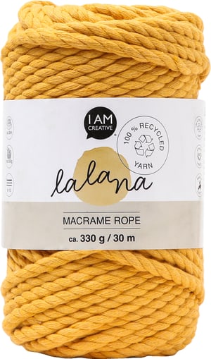Macrame Rope mustard, fil à nouer Lalana pour les projets de macramé, pour le tissage et le nouage, jaune moutarde, 5 mm x env. 30 m, env. 330 g, 1 écheveau en botte