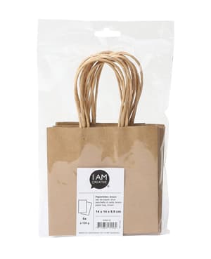 Pochette en papier, sac en papier comme emballage cadeau à décorer soi-même avec cordelette en papier poignée de sac, brun, 14 x 14 x 8,9 cm, 6 pcs.