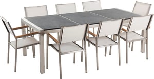 Set di tavolo e 8 sedie da giardino in acciaio basalto e fibra tessile bianca nero fiammato 220 cm GROSSETO