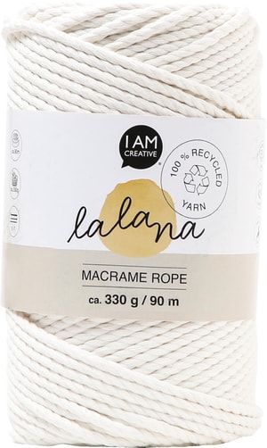 Macrame Rope cream, fil à nouer Lalana pour projets de macramé, pour tisser et nouer, couleur crème, 3 mm x env. 90 m, env. 330 g, 1 écheveau en faisceau