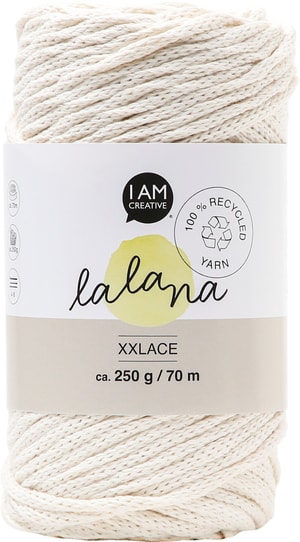 XXlace cream, filo catenella Lalana per uncinetto, maglia, annodatura e macramè, color crema, ca. 3 mm x 70 m, ca. 200 g, 1 gomitolo