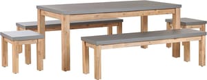 Set de jardin 8 places table avec 2 bancs et 2 tabourets gris en fibre-ciment et bois OSTUNI