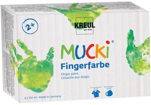 Gouache aux doigts MUCKI, set de 6, peinture à l’eau pour enfants, multicolore, 6 x 150 ml