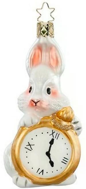 Boule de Noël En retard ! Lapin avec horloge Verre, H : 11.5 cm, fait main