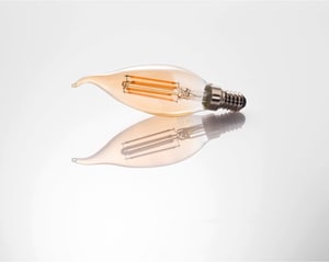 Filament LED, E14, 400lm remplace 35W, bougie coup de vent, ambre, blanc chaud