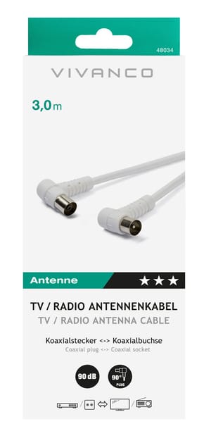 TV / Radio Winkel Antennenkabel, 90dB, 3 m