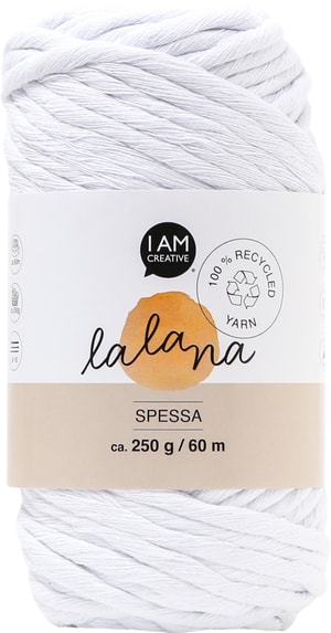 Spessa white, filato Lalana per uncinetto, maglia, annodatura e macramè, bianco, ca. 5 mm x 60 m, ca. 250 g, 1 gomitolo