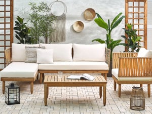 Salon de jardin 4 places en bois d'acacia coussins blancs côté droit CREMONA