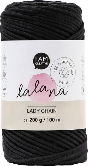 Lady Chain black, fil de chaîne Lalana pour le crochet, le tricot, le nouage &amp; Projets de macramé, noir, env. 2 mm x 100 m, env. 200 g, 1 écheveau
