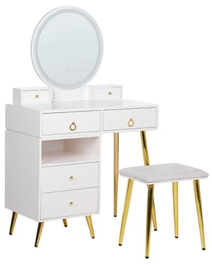 Schminktisch mit rundem LED-Spiegel Hocker 6 Schubladen weiss / gold YVES