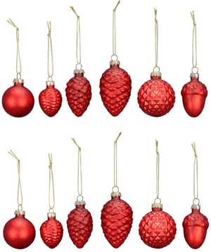 Baubles natalizi, confezione da 12, vetro rosso, 5x8cm/5cm/6cm/4x7cm/4x6cm/4x5,5cm