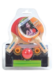 2 mini raquettes de tennis de table, 1 mini balle, filet avec montants emballé sous blister