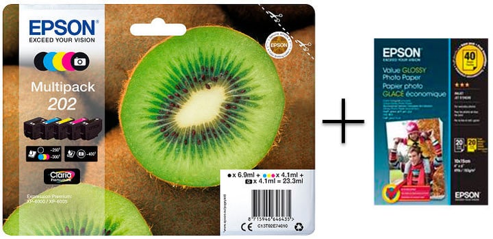 Epson 202 Multipack cartuccie d'inchiostro + S400044 carta fotografica Cartuccia d'inchiostro 202 Multipack cartuccie d'inchiostro + S400044 carta fotografica Cartuccia d'inchiostro Epson 798547800000 N. figura 1
