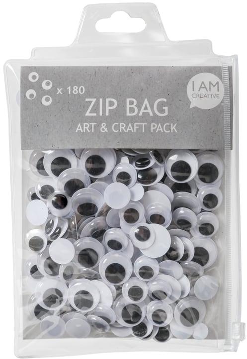 Image of I AM CREATIVE Zip Bag Wackelaugen Set, Kulleraugen aus Plastik zum Aufkleben, Weiss & Schwarz, ca. ø 10 bis 20 mm, 180 Stk.